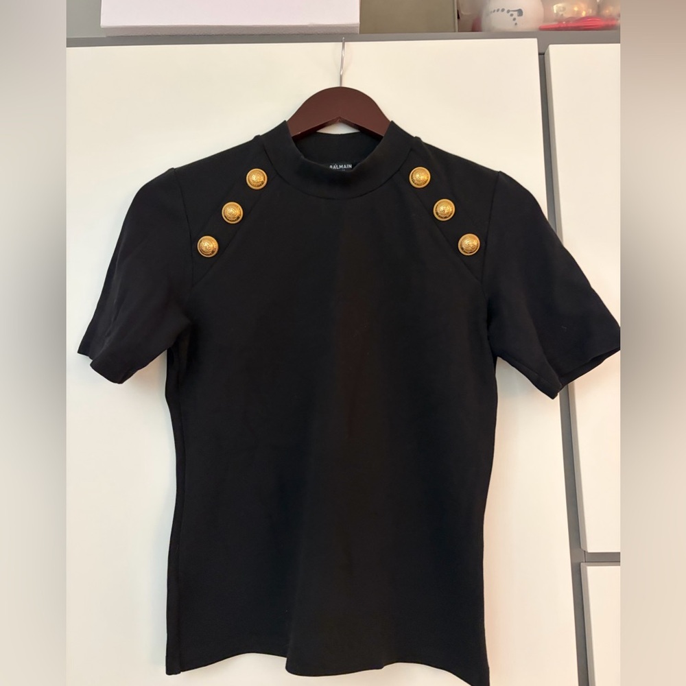 Balmain Black Short-Sleeve Tee with Gold Button Detailing